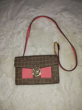 Anne Klein Brown Monogram Crossbody with Pink Accents